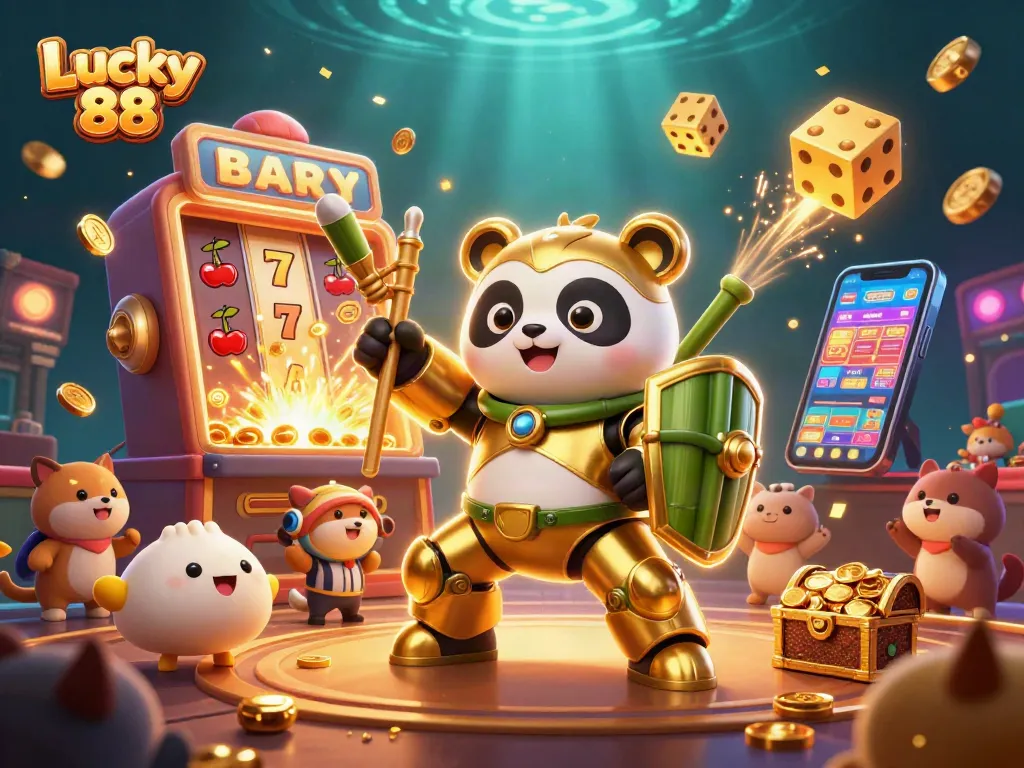 Experience the excitement of Lucky 88 through a vibrant 3D casino scene filled with golden jackpots and playful characters.
