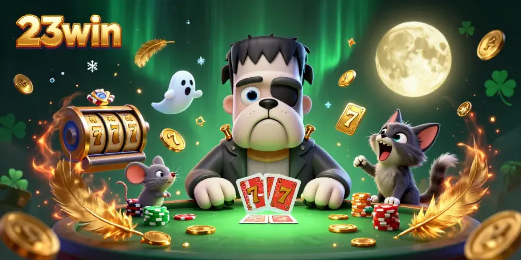 23win's thrilling casino scene featuring a Frankenstein bulldog and a werewolf kitten amidst slot reels and gold coins.