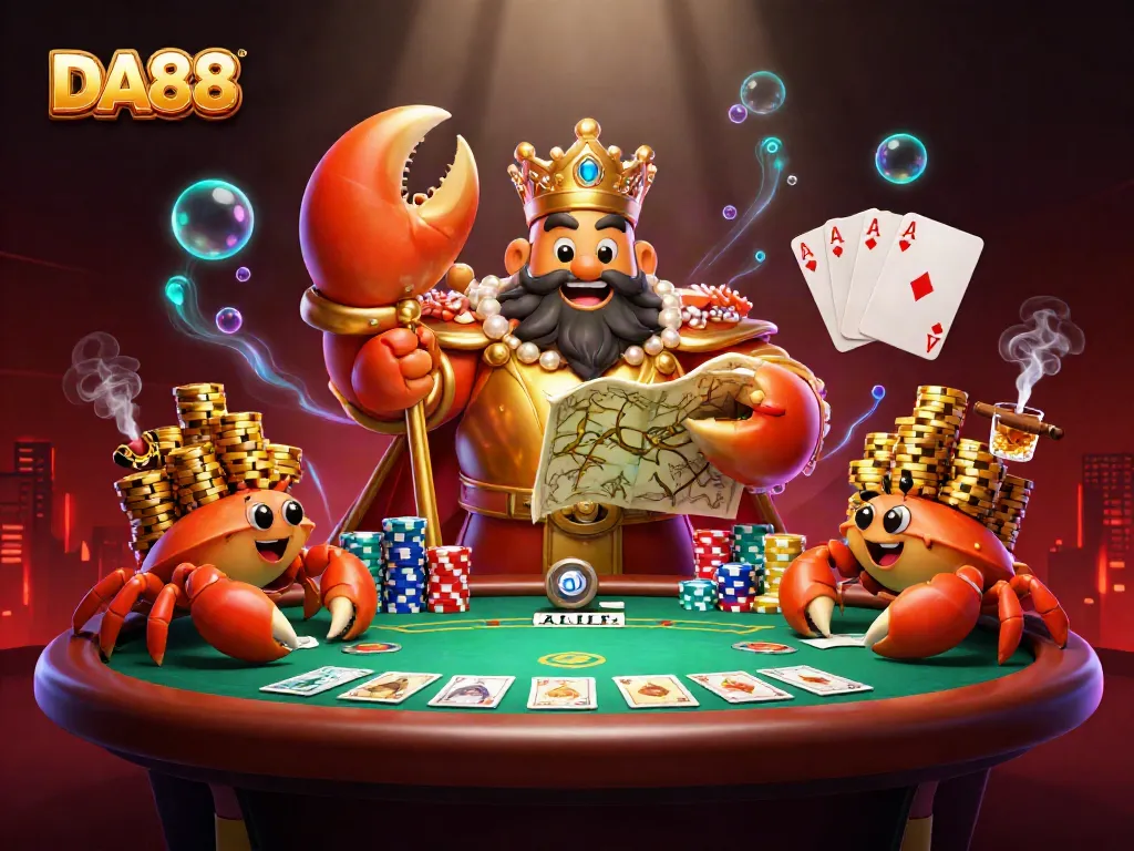 DA88's golden crab emperor leads a high-stakes poker game amidst vibrant casino elements.