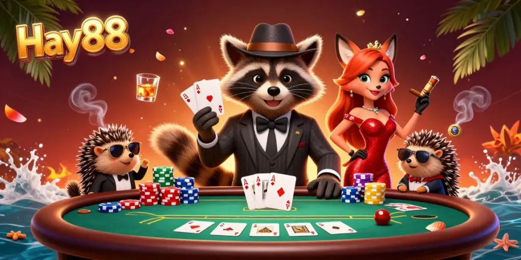 Experience Hay88's thrilling online gaming with a charming raccoon, fox, and hedgehog in a poker scene.
