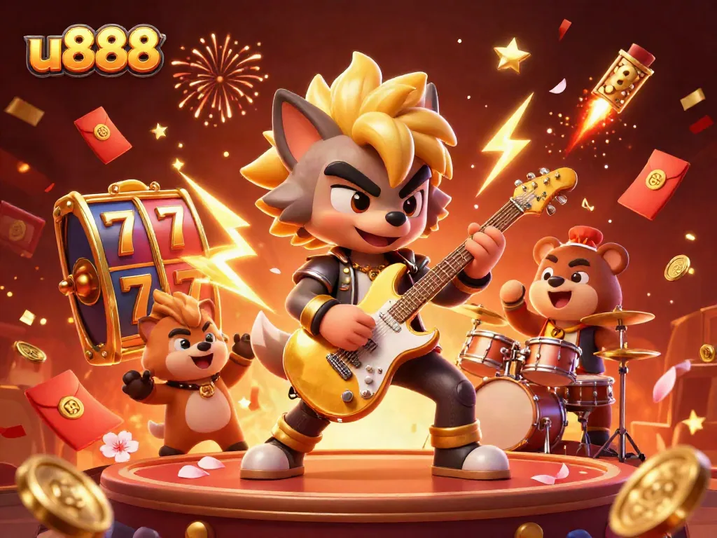 Experience the excitement of u888 with a vibrant 3D casino illustration featuring dynamic characters and lucky symbols.