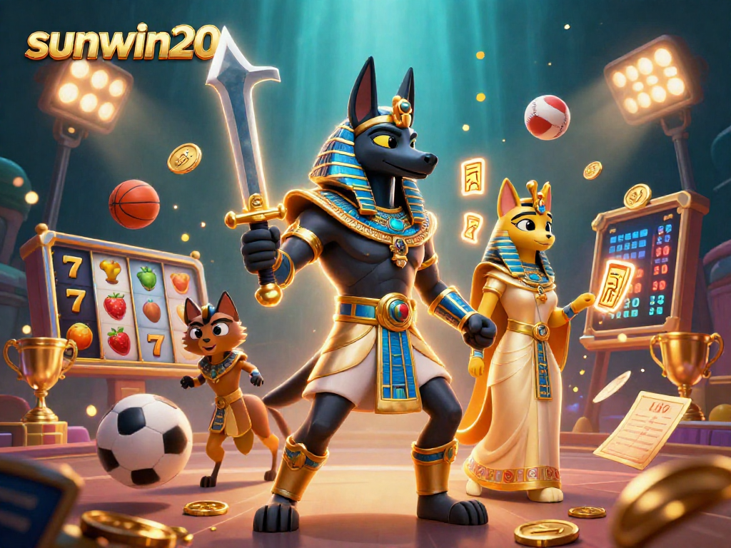Empower your gameplay at sunwin20 with an Egyptian theme showcasing Anubis, Bastet, and slot elements.