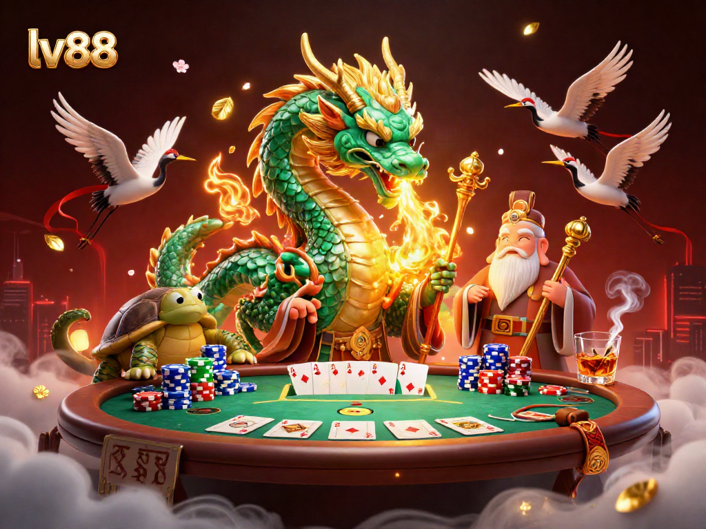 Experience exciting poker action with lv88, featuring a majestic dragon and vibrant gaming elements.