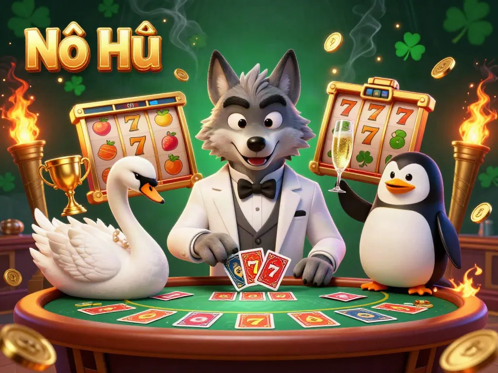Experience thrilling Nổ Hũ gameplay with a vibrant 3D casino scene featuring unique characters and jackpot elements.