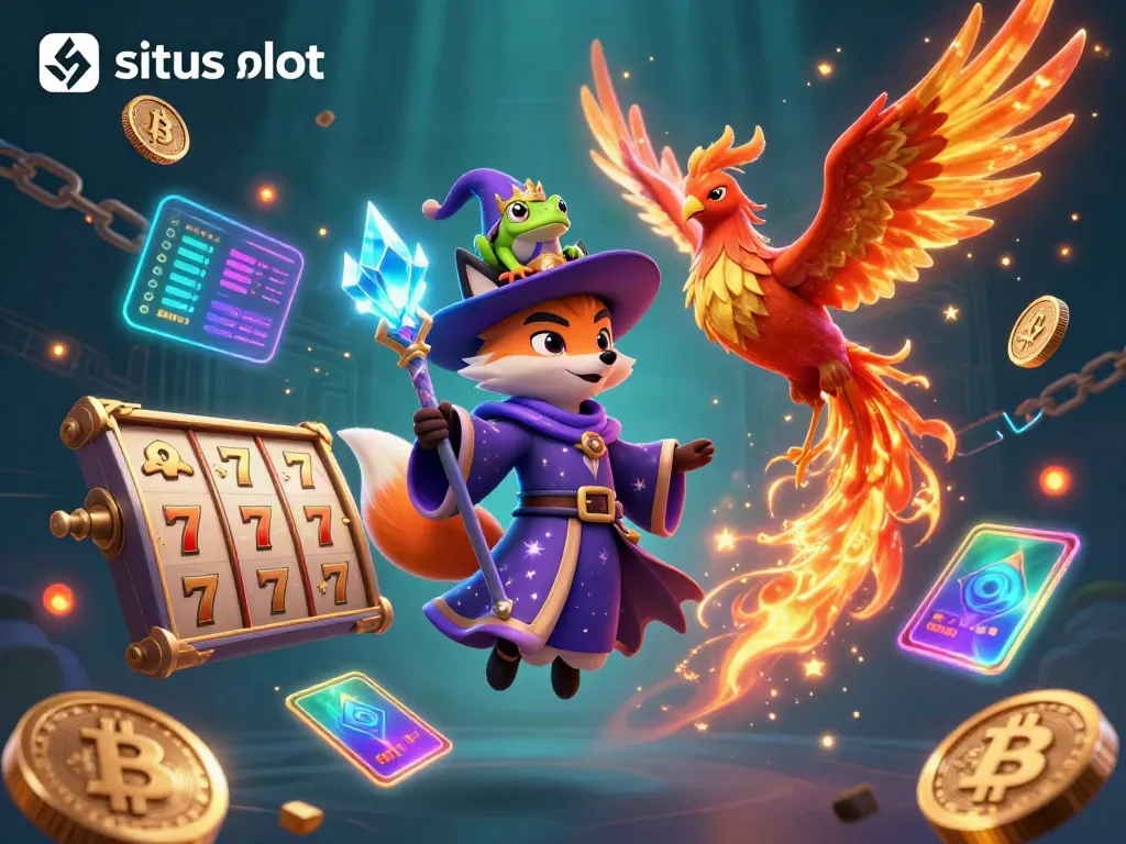Situs slot scene with a mystical wizard fox and phoenix, surrounded by vibrant slot game elements.