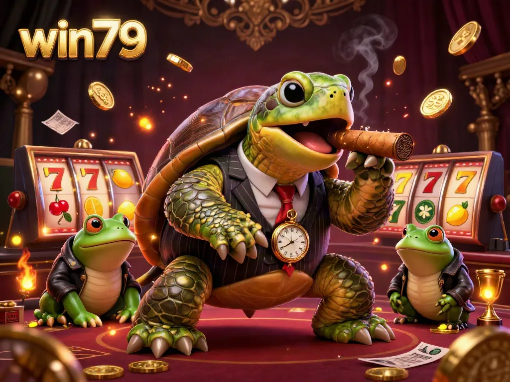 Experience exciting slot games at win79 with a vibrant 3D casino scene featuring dynamic characters and elements.