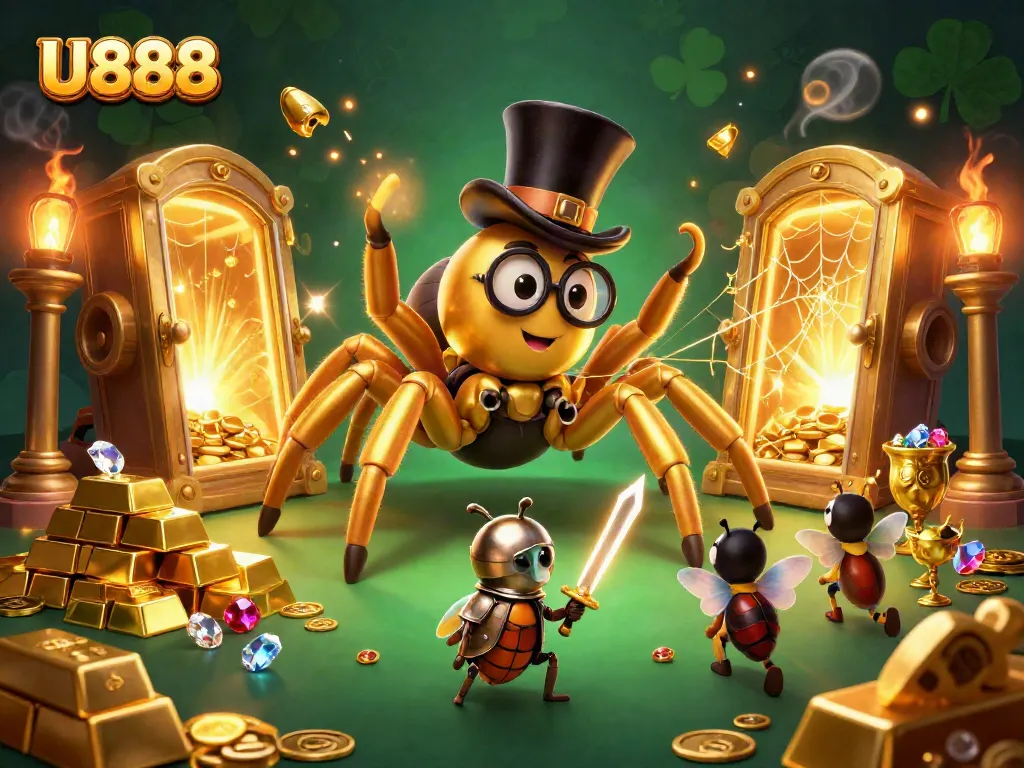 Watch as the U888 giant tarantula weaves golden threads around thrilling casino treasures!
