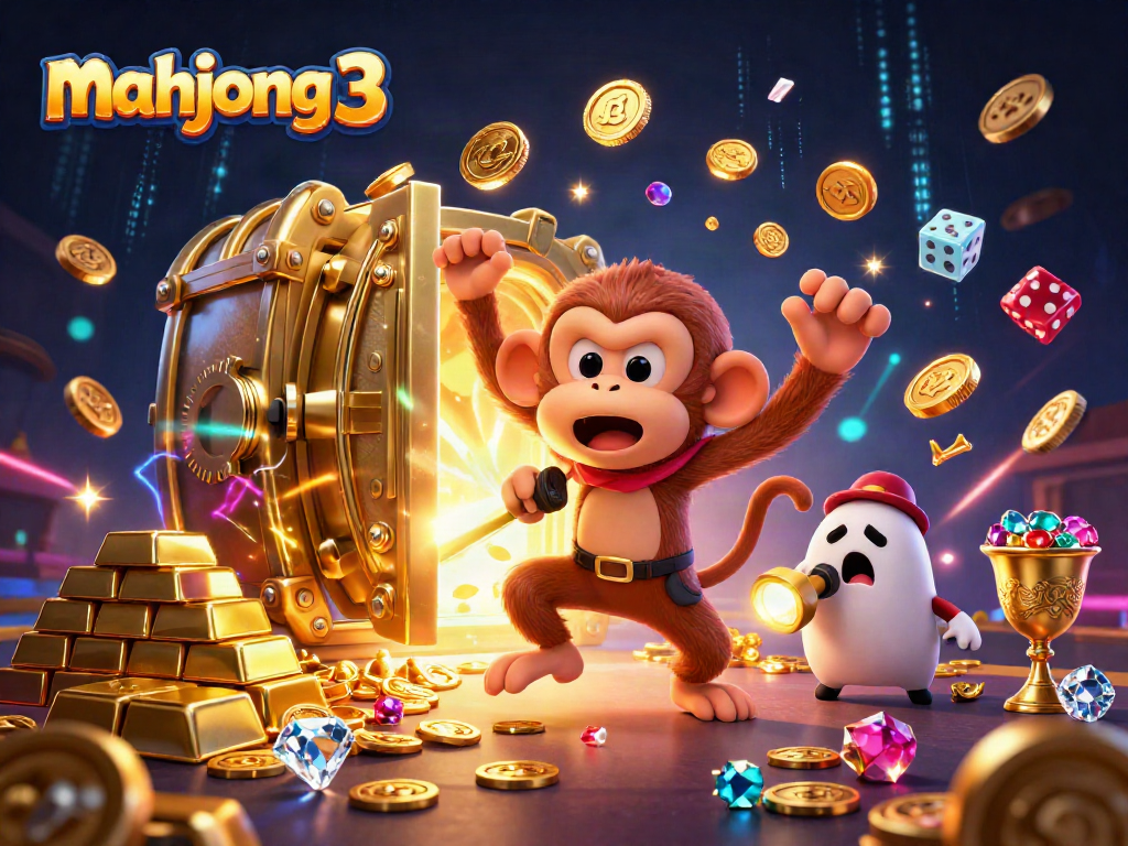 Engage with mahjong 3 through this vibrant casino scene featuring playful characters and glowing treasures.