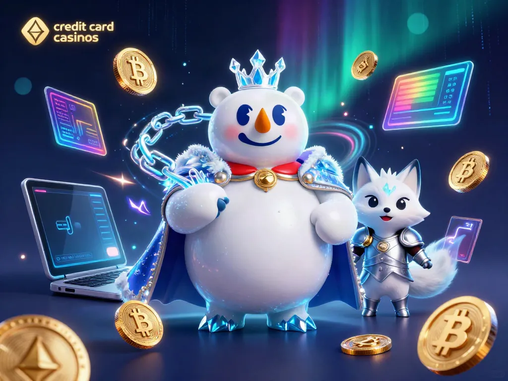 Engage with top credit card casinos showcasing a cartoon polar bear king and fox amidst vibrant crypto elements.