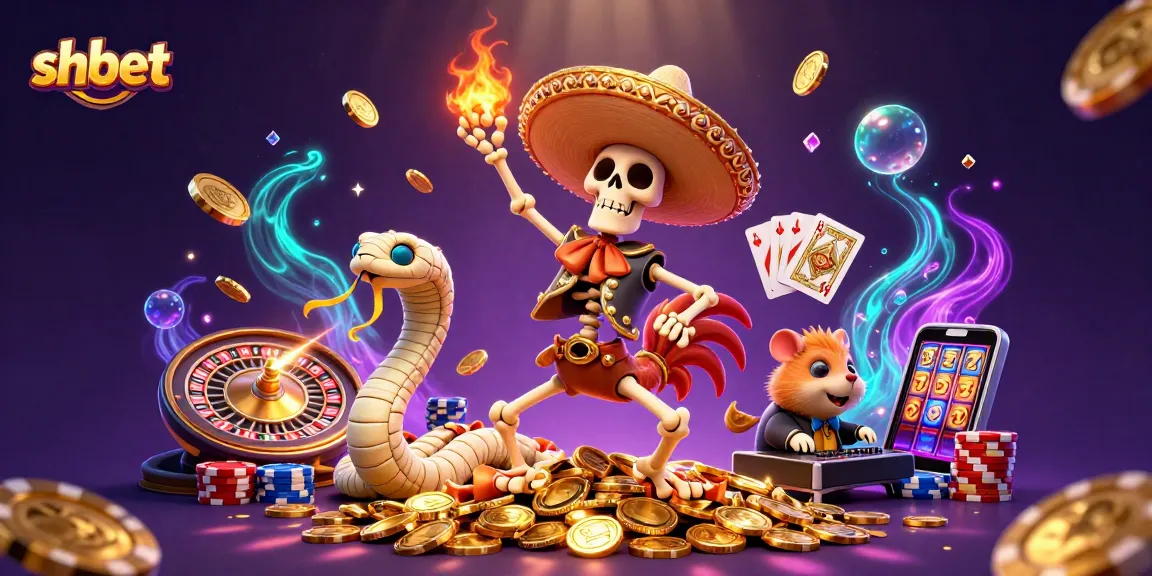 shbet showcases a lively casino scene with vibrant characters dancing on coins, illustrating the excitement of online gaming.