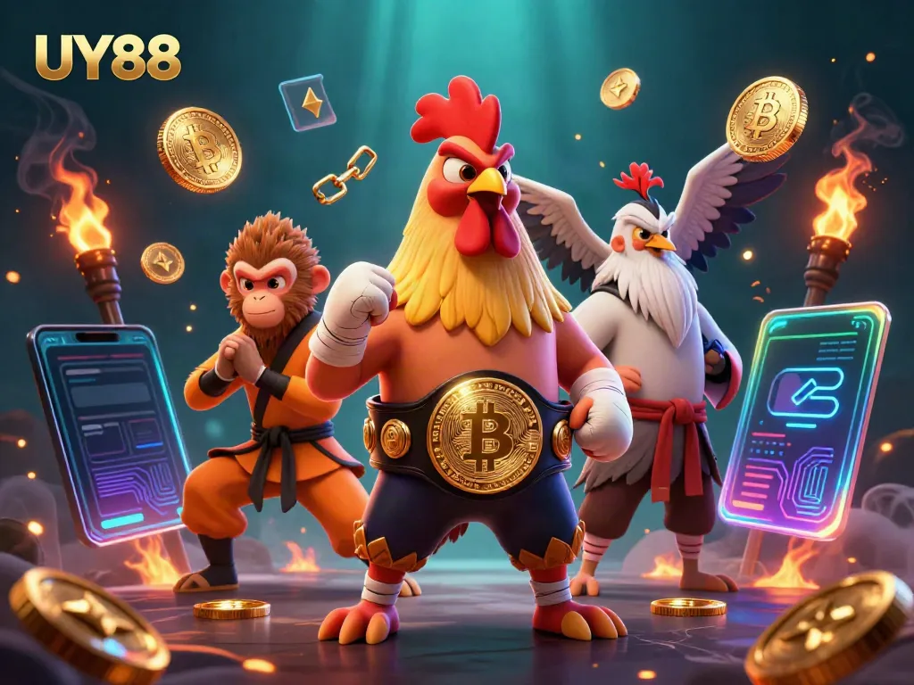 Bet on UY88 with a dynamic scene of a Muay Thai rooster, Shaolin monkey, and crane master amid dazzling casino elements.
