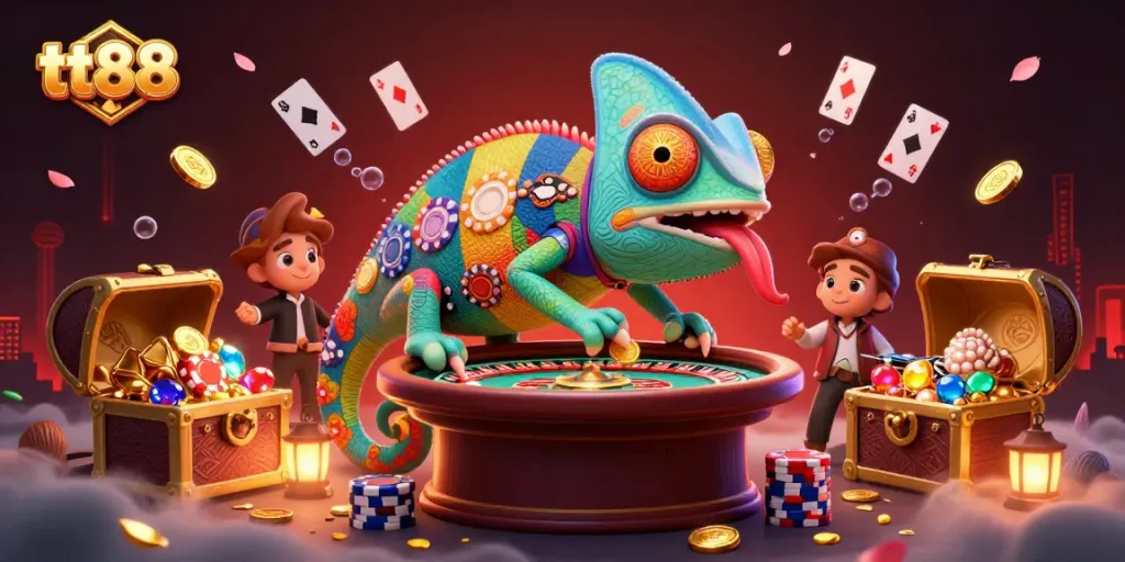 tt88 attracts players with vibrant 3D illustration of a chameleon casino owner amidst gaming treasures.