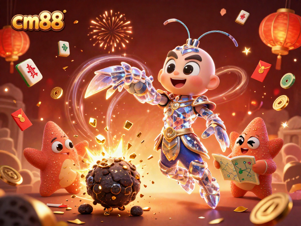 Experience the thrill at cm88 as a galactic samurai shrimp bursts through an asteroid, surrounded by vibrant casino elements.