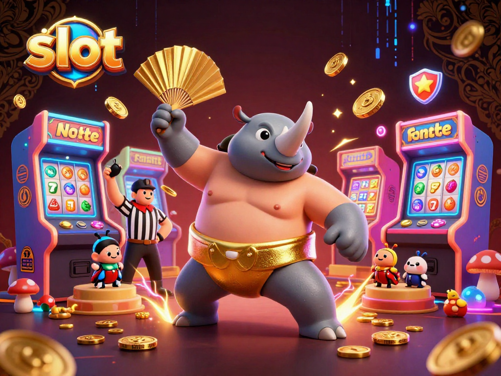 Experience the thrill of slot gaming with vibrant characters and dynamic elements in this 3D illustration.