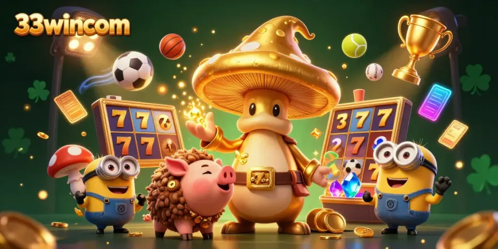 Experience thrilling gameplay with 33wincom featuring an enchanted golden mushroom wizard, treasure, and slot elements.