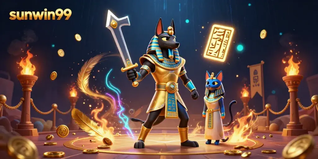 Experience thrilling action with sunwin99 in a vibrant 3D casino scene featuring ancient Egyptian warriors.