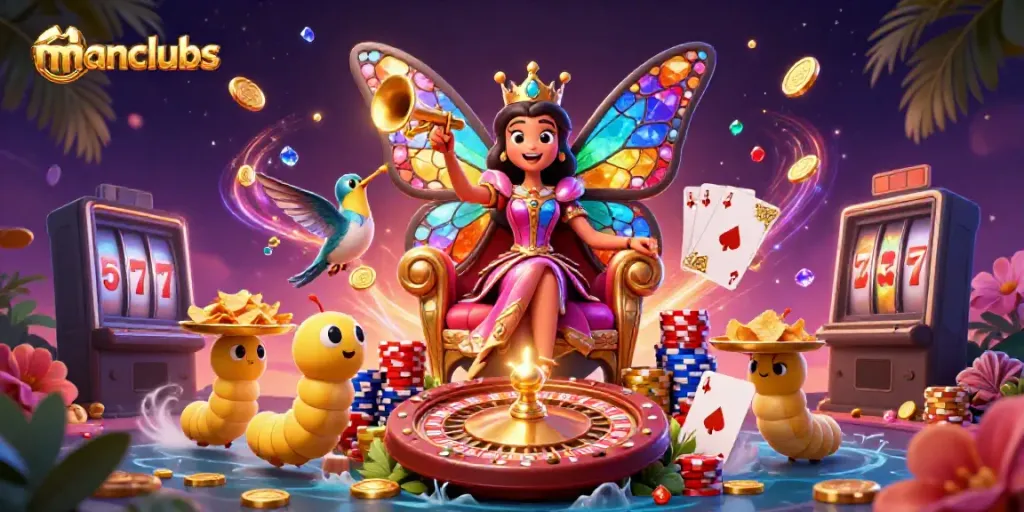 Engage in exciting games at manclubs with a vibrant 3D fantasy casino scene.