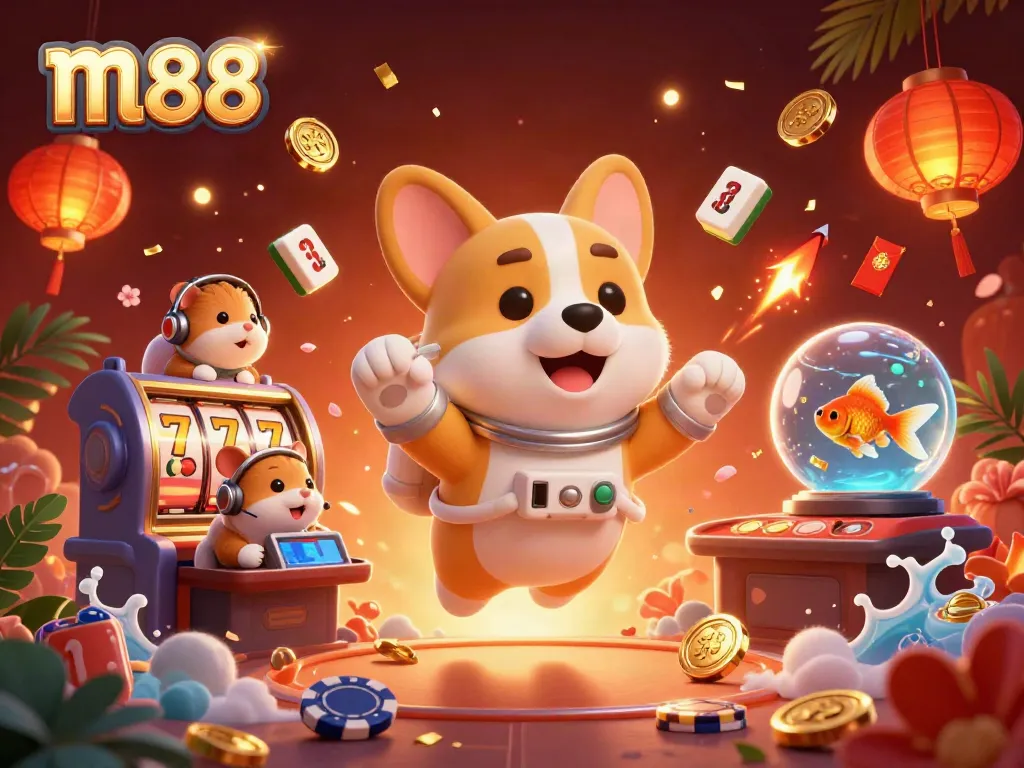 Experience thrilling moments at m88 with an astronaut corgi in a bustling casino atmosphere.