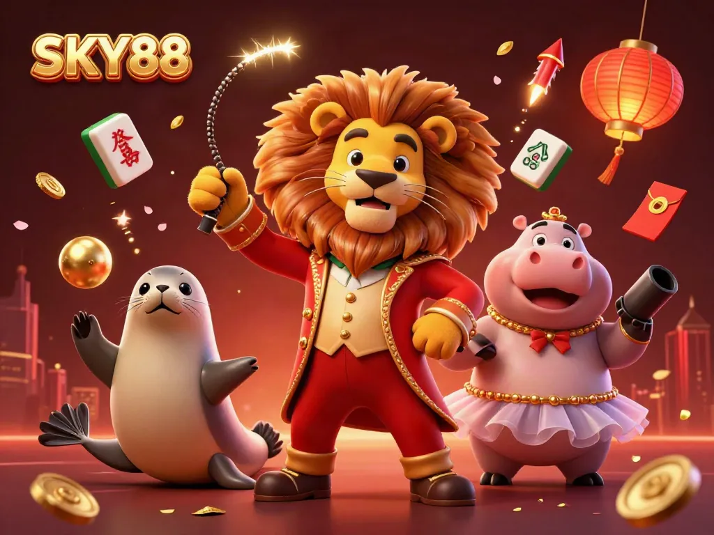 Experience excitement at SKY88 with vibrant characters and casino-themed elements in a lively scene.