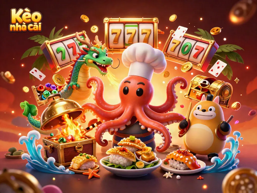 Engage in the excitement of Kèo nhà cái with vibrant casino elements, showcasing dynamic characters and intricate details.