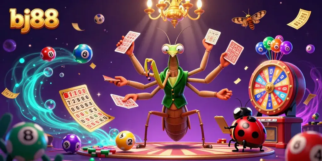 Engage with thrilling games at bj88, featuring vibrant casino elements in a dynamic illustration.