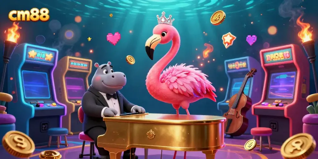 Experience the excitement of cm88 in a vibrant casino scene featuring a flamingo singer and hippo bassist.