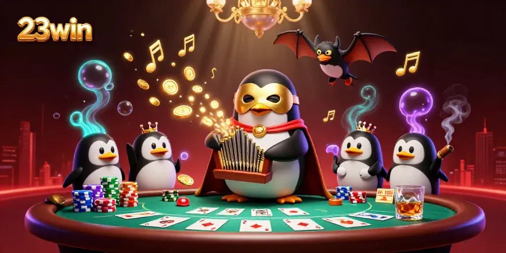 Experience thrilling gameplay at 23win with lucky penguin, golden coins, and poker elements!