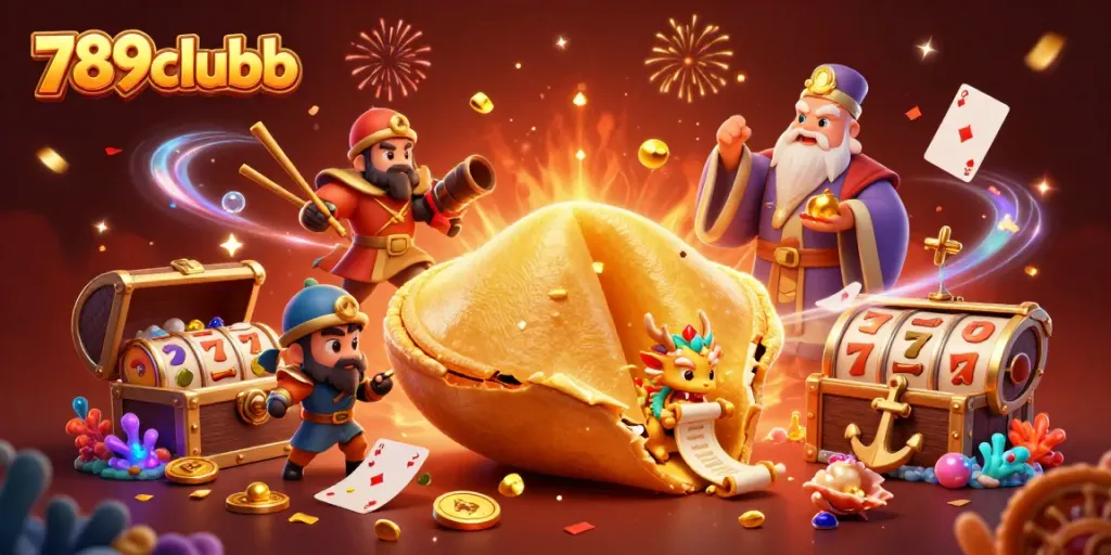 Experience the thrill of 789clubb with a vibrant 3D illustration of a golden fortune cookie and dynamic casino elements.