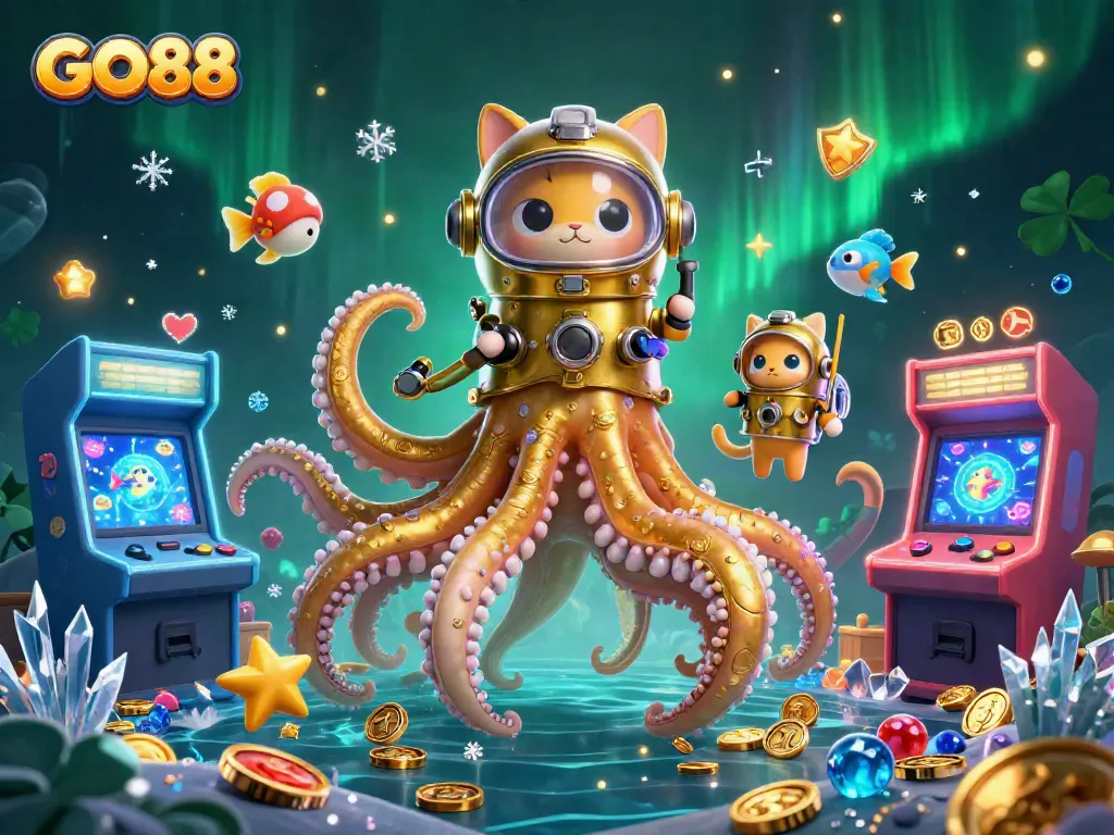 Play exciting games at GO88 with a vibrant scene featuring a cartoon kraken and colorful arcade elements.