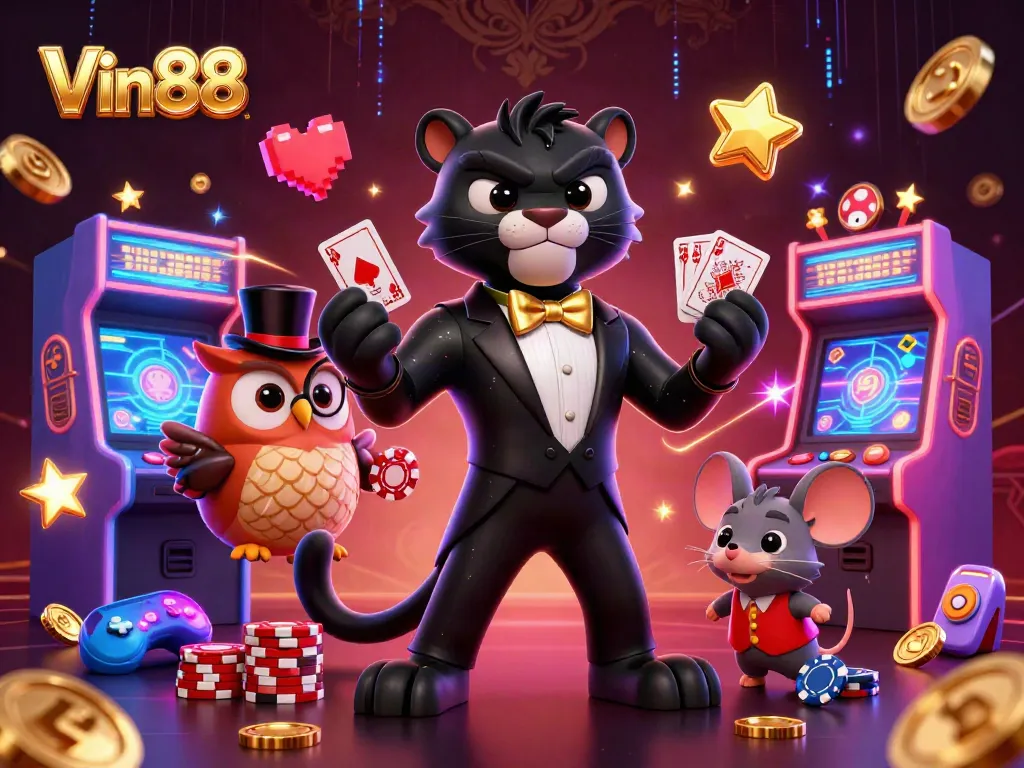 Experience thrilling gameplay at Vin88 while a stylish panther deals cards amidst vibrant casino elements.