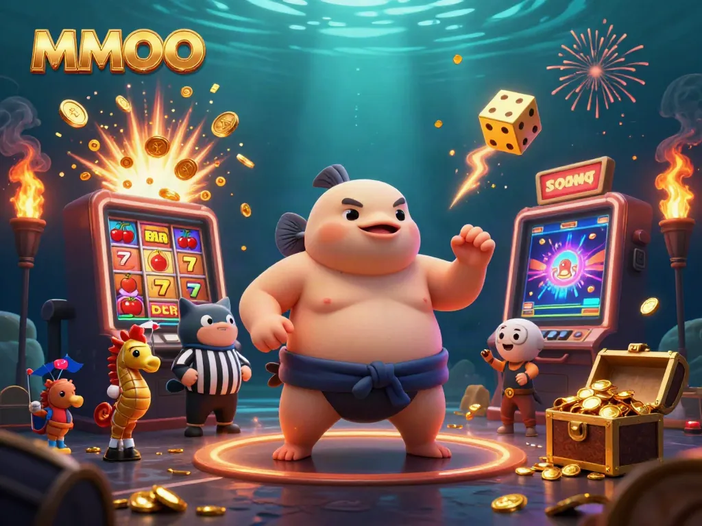 Experience thrilling MMOO casino excitement with a fugu sumo in an underwater jackpot scene.