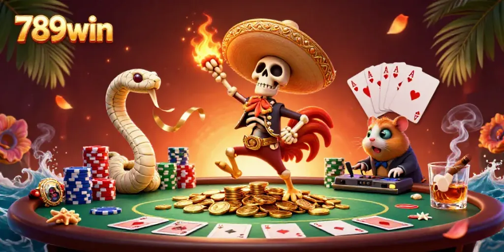 Experience the vibrant casino spirit with 789win's dynamic 3D illustration of lively characters and poker elements!