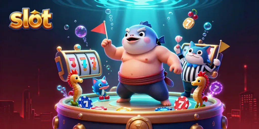 Pamflet interaktif koleksi slot dengan karakter lucu dalam pertandingan kasino.