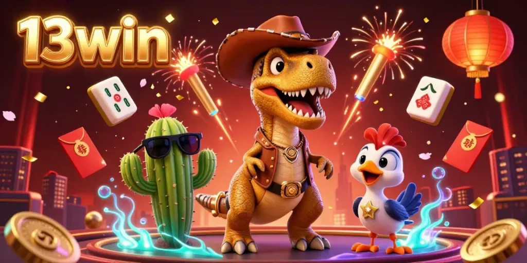 Experience vibrant gaming action with 13win, showcased in an ultra-detailed 3D casino illustration.
