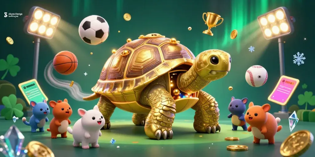 Enjoy dynamic sports action with the skyexchange betting id in an exciting 3D illustration featuring a golden tortoise and vibrant sports elements.