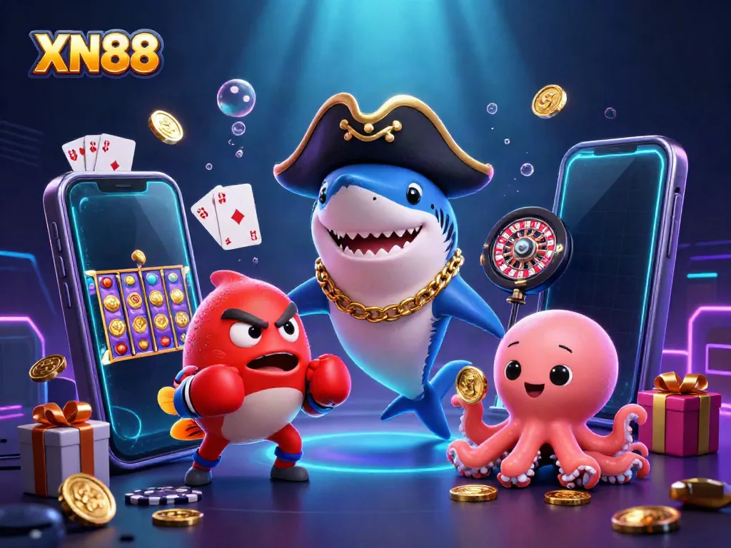 Experience winning with XN88 in a vibrant underwater-themed casino scene with dynamic characters and game elements.