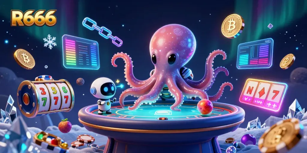 Engage in thrilling R666 poker action with a colorful alien octopus and robot, surrounded by NFTs and crypto elements.