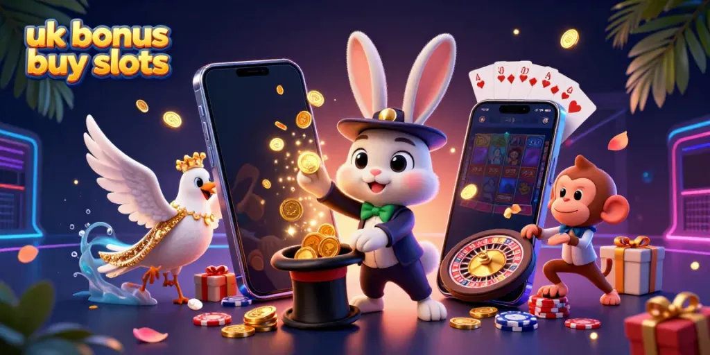 Engaging scene showcasing uk bonus buy slots with a magician rabbit, glamorous dove, and playful monkey amid vibrant casino elements.
