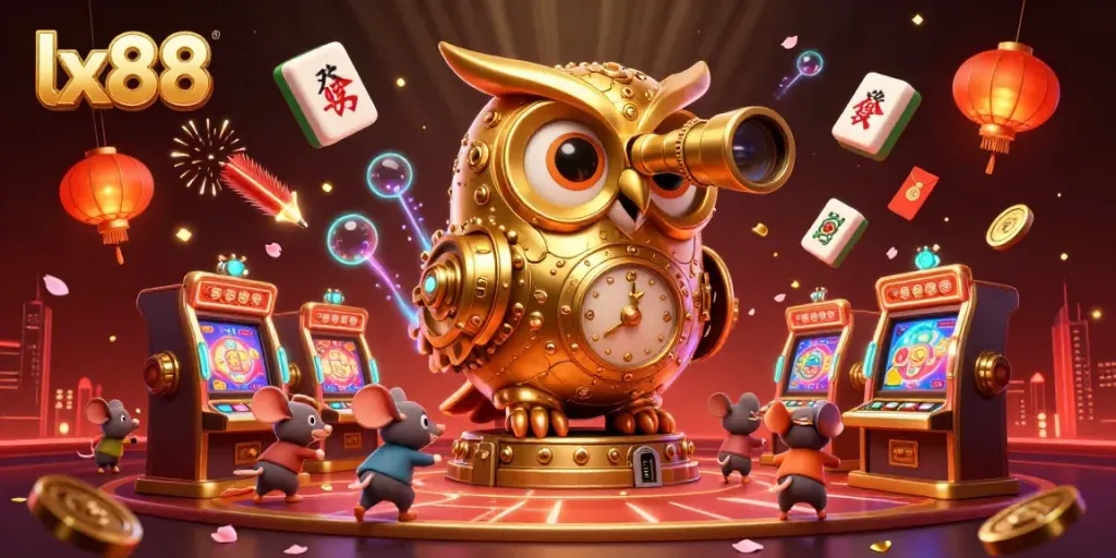 Experience the excitement at lx88 with a lively casino scene featuring a golden owl and animated mice.