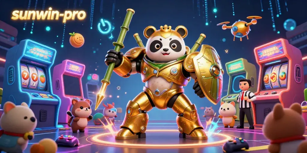 Engaging illustration of sunwin-pro's vibrant gaming world, featuring a golden panda mech battling in a casino arena.