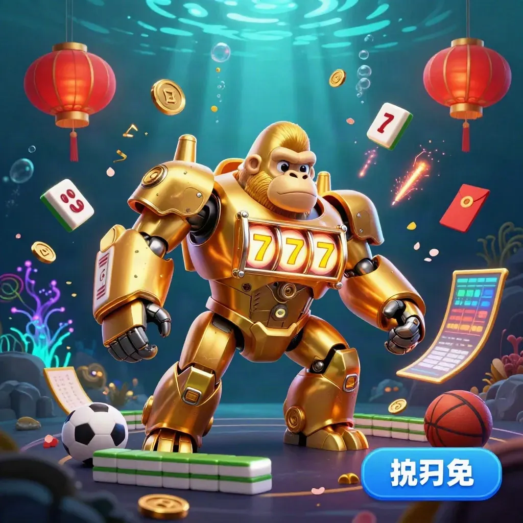 Golden gorilla mech with monkey pilot, neon underwater casino glow, treasure and betting props