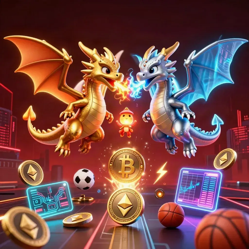 Gold and silver dragons spiral around coins, a lantern spirit, and a basketball in neon casino glow.
