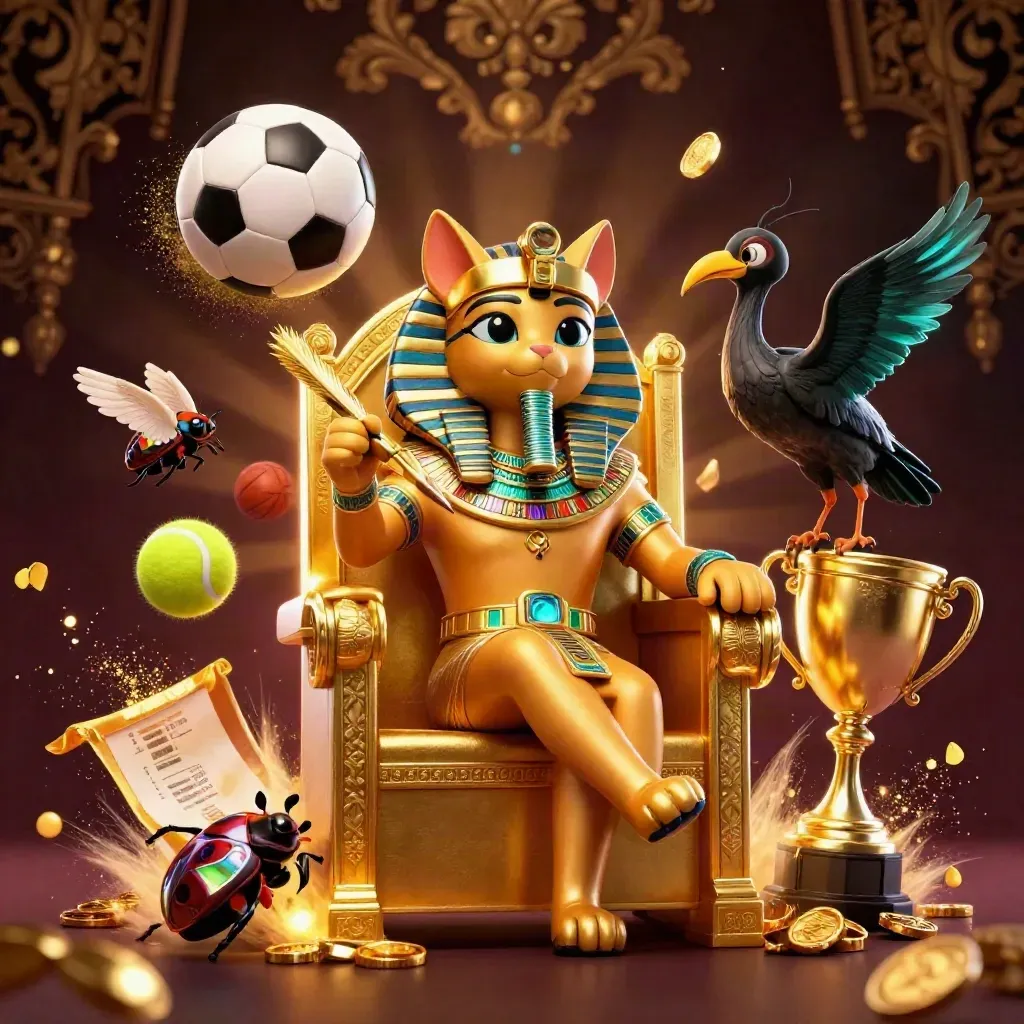 Pharaoh cat, ibis scribe, scarab beetles, flying sports balls, trophy and glowing lights in luxury casino style