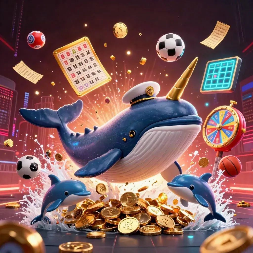 Whale captain, narwhal, and dolphins burst through coins with casino game elements and neon glow.