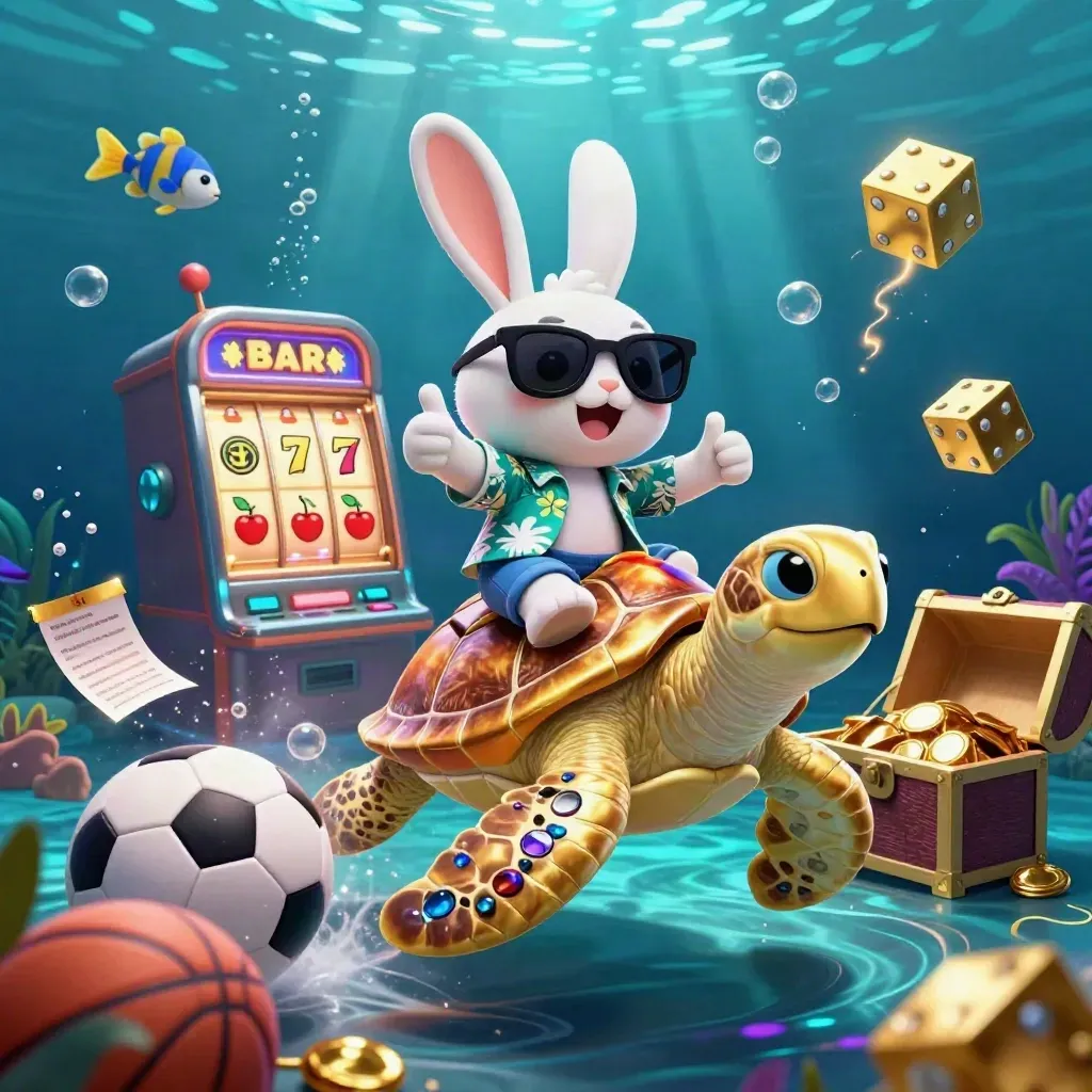 Lucky rabbit on golden turtle amid exploding slots, dice, fish, balls, and gold underwater.