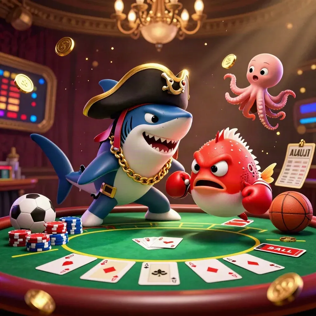 Pirate shark, pufferfish, and baby octopus explode around poker chips in a luxe casino glow.