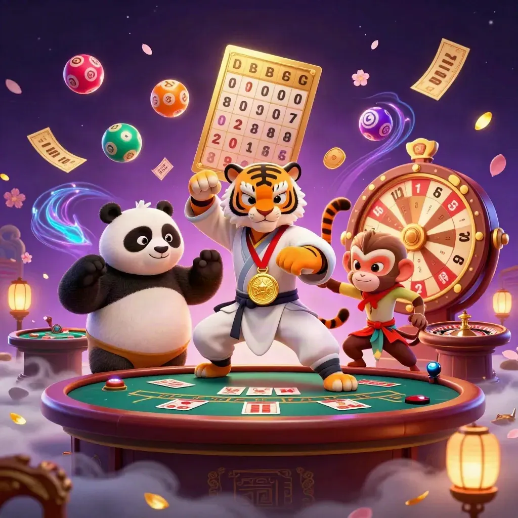 Kung-fu tiger, panda, and monkey amid glowing casino magic, wheels, cards, and purple neon.