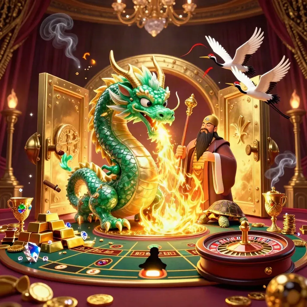 Emerald dragon, turtle sage, and cranes in a luxe casino vault with gold and cyan glow.