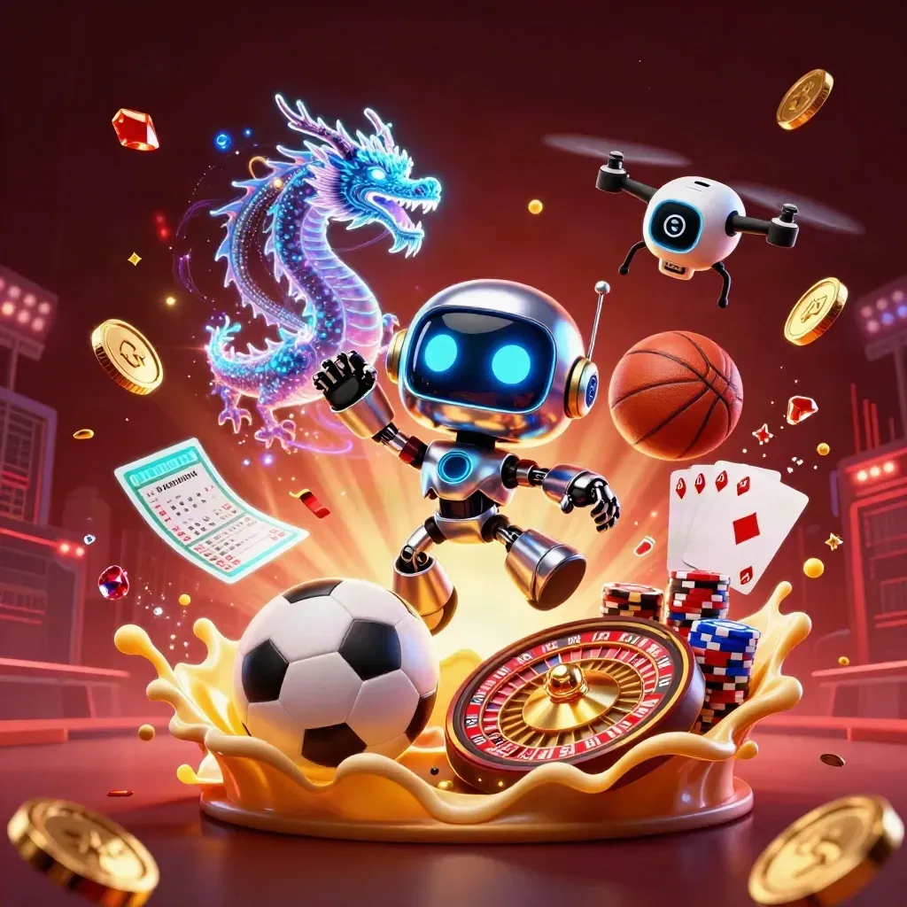 Cyberpunk robot, holographic dragon and drone amid casino action with balls, coins and neon glow.