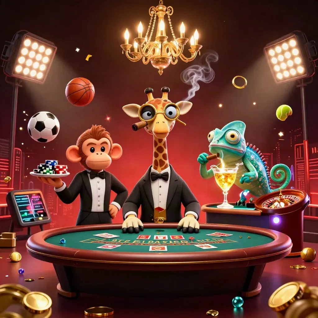 Cartoon giraffe, monkey valet, and chameleon bartender in a glowing casino scene with sports balls